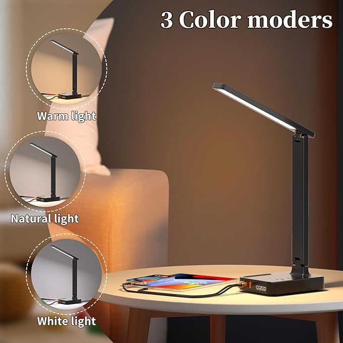 COZOO LED Desk Lamp with 3 USB Charging Ports,2 AC Outlet,3 Color Modes 3 Brightness Levels,Touch/Memory/Timer Function,Eye-Caring Home Office Foldable Natural Light Task Lamp for Reading,Study,Crafts
