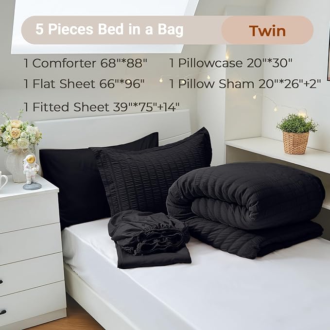 MUXHOMO 5 Pieces Twin Comforter Set, Seersucker Bed in a Bag Twin Size, All Season Luxury Bedding Set with Comforter, Flat Sheet, Fitted Sheet, Pillowcase & Sham, Black