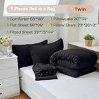 MUXHOMO 5 Pieces Twin Comforter Set, Seersucker Bed in a Bag Twin Size, All Season Luxury Bedding Set with Comforter, Flat Sheet, Fitted Sheet, Pillowcase & Sham, Black