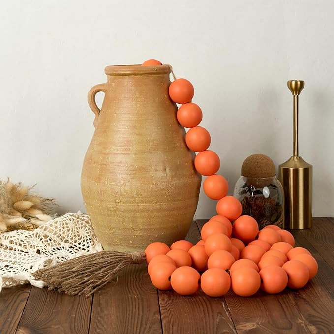 OMISHE 76" Long Large Wood Bead Garland with 1.6" Diameter Wooden Beads and Tassels, Rustic Farmhouse Country Wood Beads Garland for Home Tiered Tray Decor, Decorative Beads with Tassels Orange