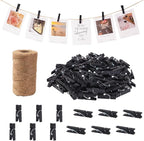 100Pcs Black Clothespins with String, 1.4Inch Wooden Clothes Pins with 328Ft Jute Twine, Mini Photo Display Clips, Black Clips for Hanging Photo, DIY Crafts,Wall Art, Baby Shower