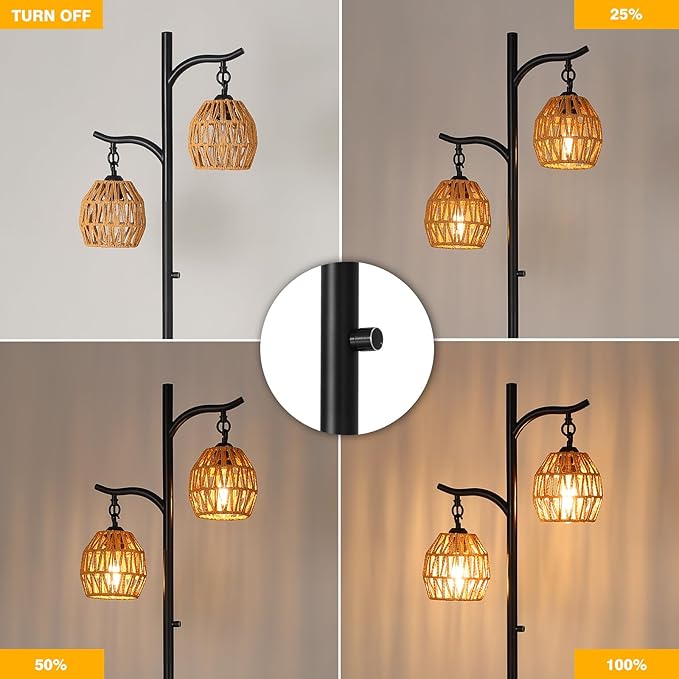 9MMML Rattan Floor Lamp for Living Room, Boho Floor Lamp with 2 Hanging Rattan Lamp Shade, 67'' Farmhouse Dimmable Black Standing Lamp with Rotary Switch for Bedroom, 2 x 800LM LED Bulbs Included