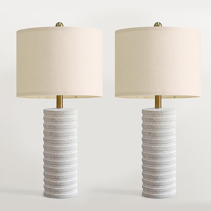 PoKat 27" Stone-Like Farmhouse Ceramic Table Lamps Set of 2 for Bedroom, Rustic Nightstands Lamps for Night Stands, Distressed Neutral Bedside Lamps with Natural Textured for Living Room, Home Decor