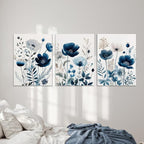DUWQU 3 Pcs Blue Floral Canvas Wall Art, Elegant Navy Blue Wildflower Lily Daisy Art Wall Decor, Watercolor Botanical Flower Home Poster Art Prints for Living Room Bedroom Bathroom 16×24 Inches