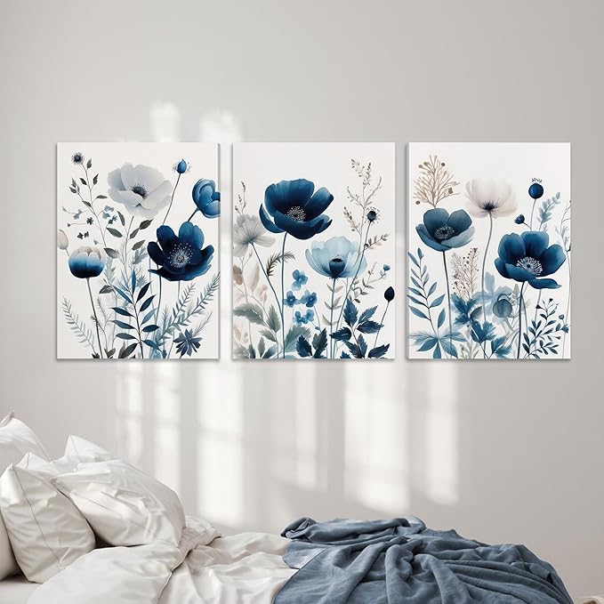 DUWQU 3 Pcs Blue Floral Canvas Wall Art, Elegant Navy Blue Wildflower Lily Daisy Art Wall Decor, Watercolor Botanical Flower Home Poster Art Prints for Living Room Bedroom Bathroom 16×24 Inches