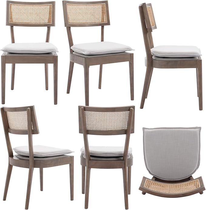 Rattan Dining Chairs Set Of 2 , Mid Century Modern Upholstered Cane Back Chairs with Removable Linen Cushion , Retro Farmhouse Natural Wooden Kitchen & Dining Room Chairs for Restaurant Living Room