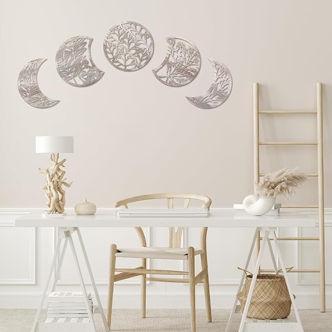 Jetec 5 Pcs Moon Phase Wall Art Decor Wall Pediments Hanging Wooden Moon Phase Spiritual Bedroom Nordic Boho Lunar Aesthetic Art for Living Room Dorm Apartment Bar Ornament(Retro Color,15.75 Inch)