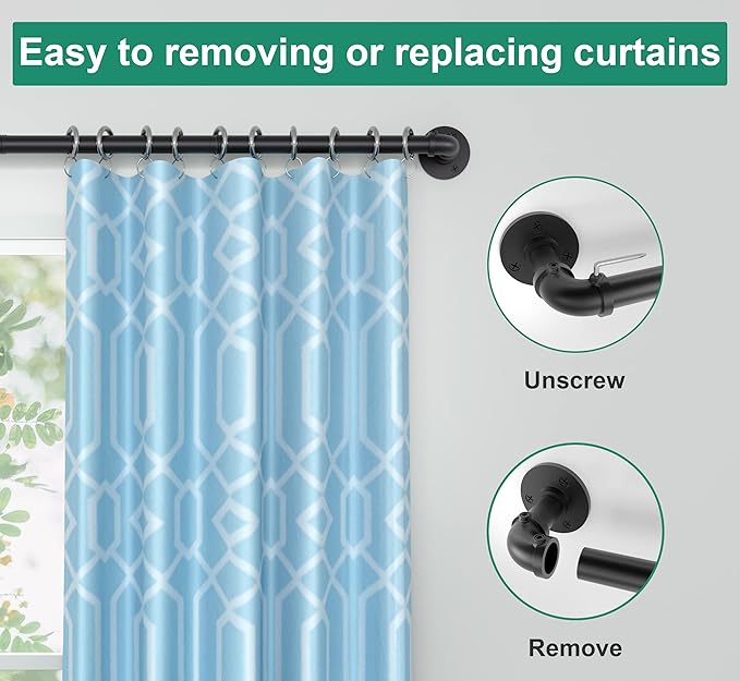 Industrial Curtain Rods for Windows 28 to 48 inch, Wrap Around Blackout Heavy Duty Curtain Rod, 1 Inch Black Outdoor Drapery Rods 2 Pack