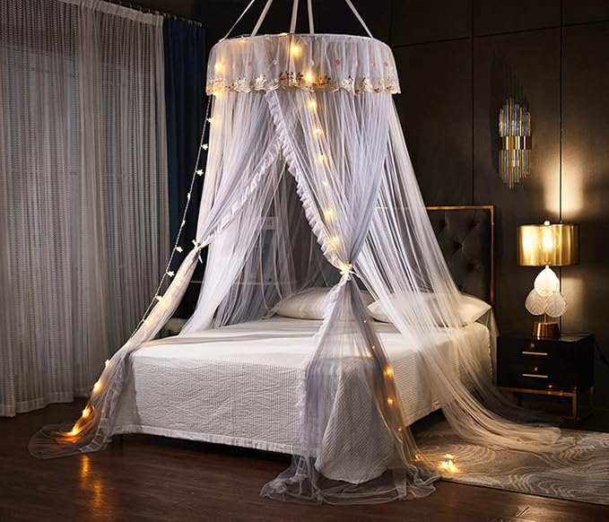 VETHIN Princess Bed Canopy for Girls Double Layer Sheer Mesh Dome Elegant Embroidery Lace Mosquito Net Bed Curtain for Full Queen King Bed with led Stars String Lights(Grey/White)