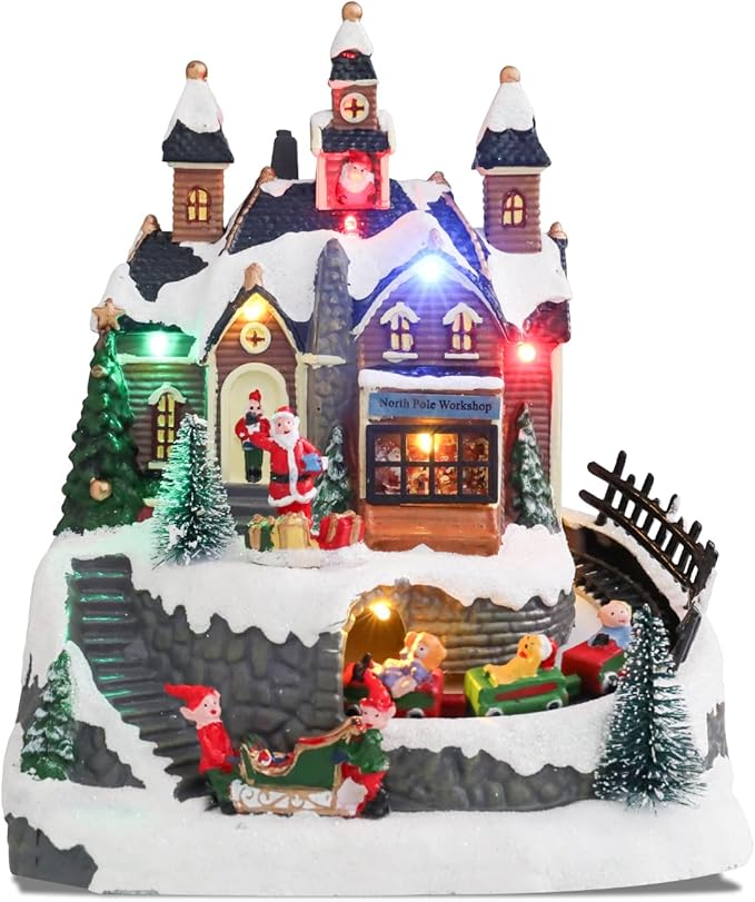 Bdor Christmas Village Lighted Decoration Musical Animated Display Christmas Collectible Santa Battery Operated Resin Indoor Decor