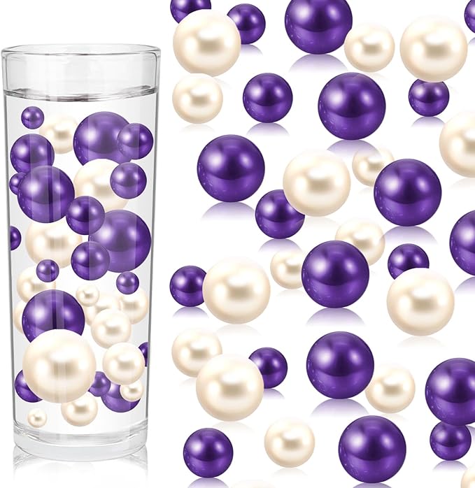 200PCS Purple White Faux Pearls Beads for Centerpiece Vases, Vase Filler Faux Pearls, No Holes Filler Beads for Party Anniversary Birthday Wedding Table Decor, 10/14/20/30mm