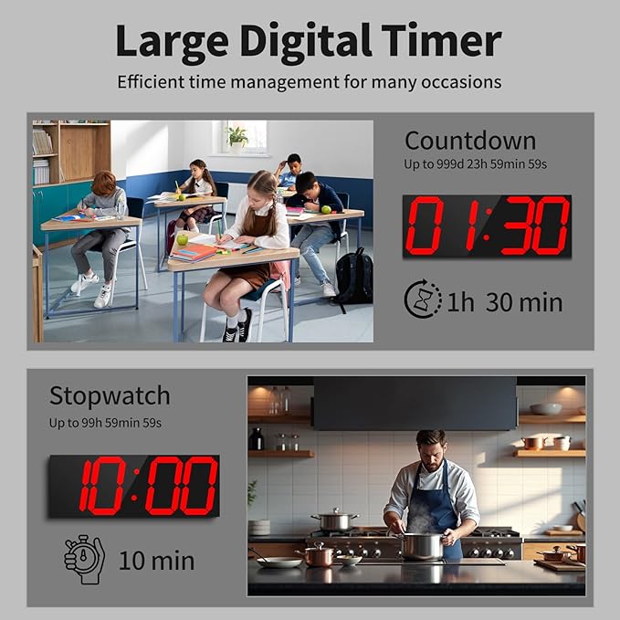 18.7'' Automic Digital Wall Clock, LED Wall Clock with Large Display, Multi-Function Clock with Alarm and Timer, Auto Time Sync Digital Clock with Adjustable Brigthness(Red)