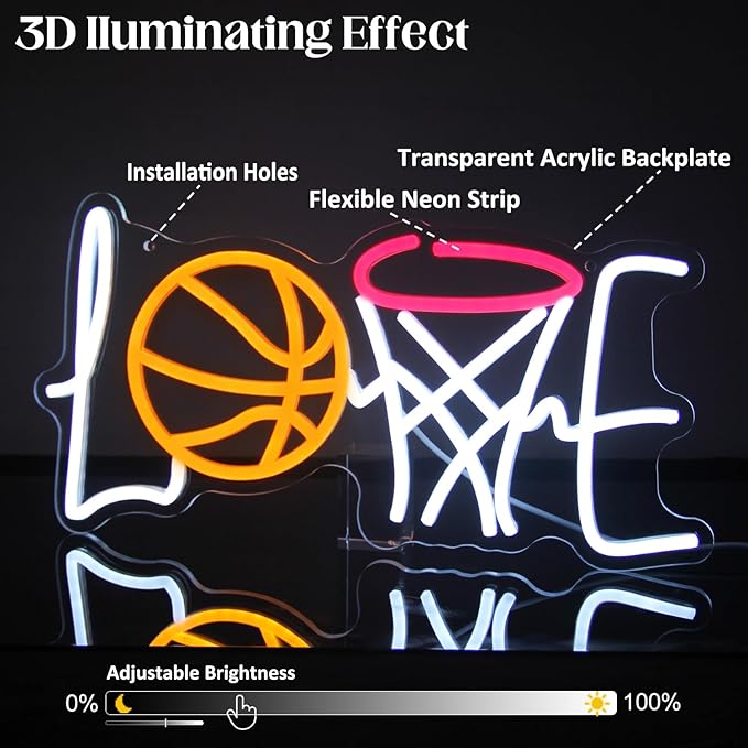Love Basketball Neon Sign Dimmable Basketball Hoop Neon Lights for Bedroom Sport LED Neon Light Up Signs for Man Cave Game Room Birthday Party Decor Gifts for Boys USB Powered