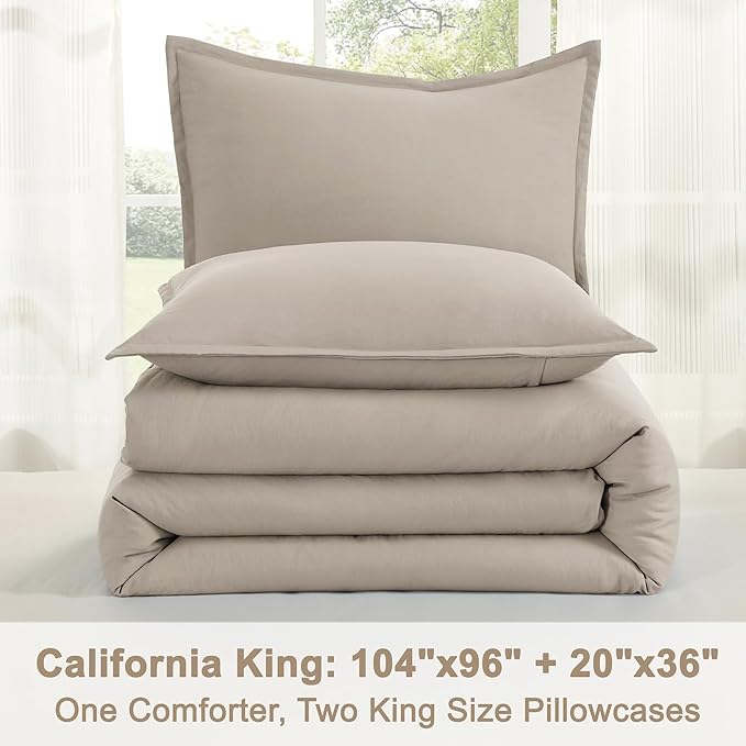 Litanika Oatmeal Comforter California King Size, 3 Pieces Cal King Lightweight Solid Bedding Comforter Set, All Season Fluffy Bed Set (104x96In Comforter & 2 Pillowcases)