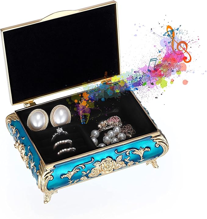 ELLDOO Vintage Music Box, Blue Metal Musical Jewelry Box Keepsake Box, Small Trinket Jewelry Storage Box Gift for Girl Women (Tune: You are My Sunshine)