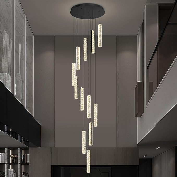 Long Spiral Crystal Chandelier Lighting for Foyer 12-Light Black Staircase Chandelier High Ceiling Slopped LED Dimmable 2700K-6000K