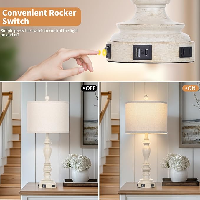 28" Table Lamps with USB C+A Ports & AC Outlets, Farmhouse Rustic Table Lamps Set of 2, Vintage End Table Nightstand Resin Bedside Lamp for Living Room Bedroom, Fabric Linen Shade Washed Antique Beige