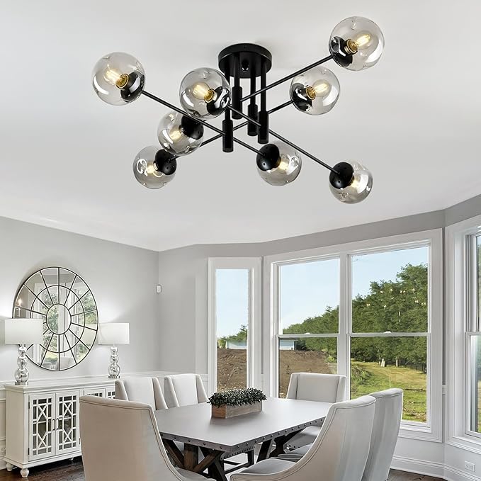 SZXYKEJI 8 Light Glass Globe Ceiling Light Black Mid Century Flush Mount Sputnik Light Fixture Bubble Chandelier Living Room Farmhouse for Dining Room Kitchen Bedroom.