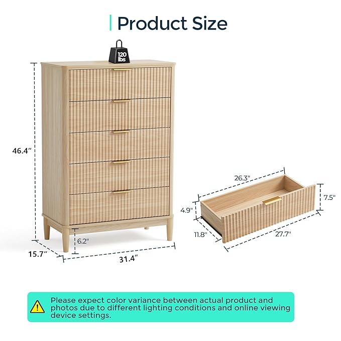 LINSY HOME Fluted Dresser for Bedroom with 5 Drawers, 46" Tall Mid Century Modern Dressers, Wide Boho Chest of Drawers, Large Wood Accent Storage Cabinet for Living Room, Curved Profile Design, Oak