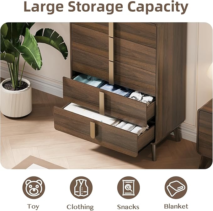 Dresser for Bedroom with 5 Drawers,Mid Century Modern Dresser with Storage,31" Wide Modern Chest of Drawers with Metal Handles,Large Wood Drawer Organizer for Bedroom,Living Room,Walnut