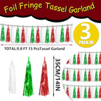 3P Red Green White Foil Fringe Metallic Tassel Streamers Banner Tassel Garland for Parade Floats, Graduation, Wedding, Birthday, Halloween, Christmas, Mexican Italian Birthday Party Decorations