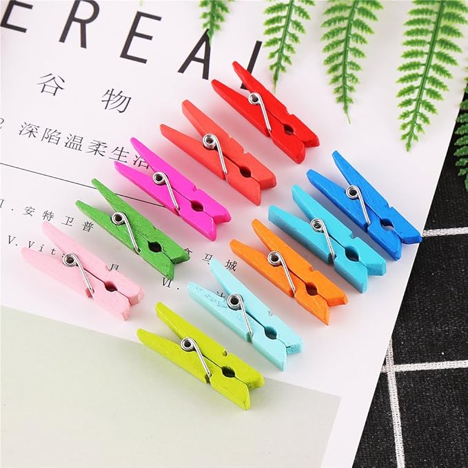 DECORA 120 Pieces 3.5cm Colored Wooden Clothespins Mini Craft Photo Pegs Clips with 98 Feet Twin