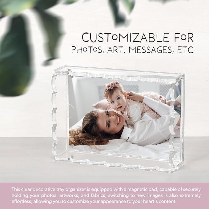 5x7in Acrylic Scalloped Tray with Magnetic Mat, Acrylic Picture Frames Fits 4x6 Photos & Smaller with Floating Effect, Freestanding Desktop Display for Livingroom, Bedroom, Office,...