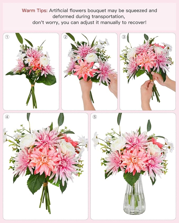 Nubry Fake Artificial Flowers in Vase,Faux Silk Dahlia Flower Bouquet Floral Arrangement Fake Plant Decor for Tables Centerpieces,Home Office Party Wedding Decor(Pink with Vase)