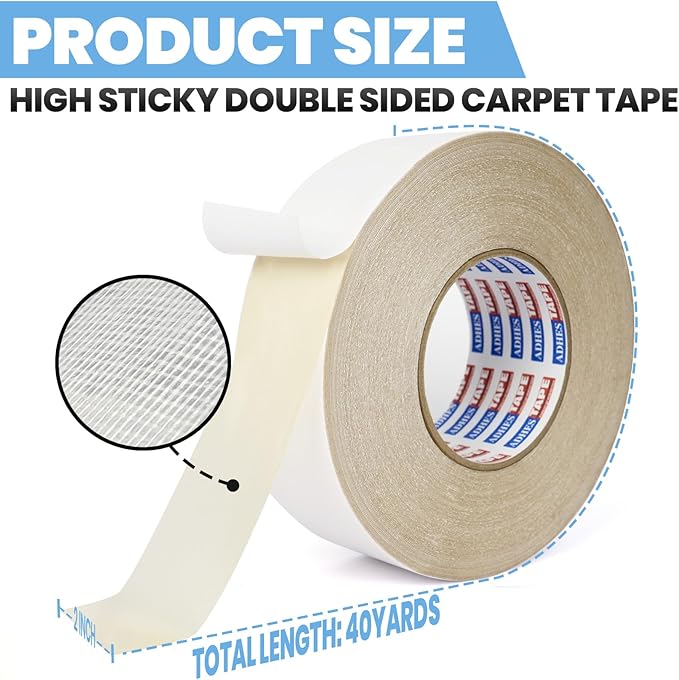 ADHES Double Sided Carpet Tape for Area Rugs – 2 Inch x 40 Yards, Heavy Duty Adhesive, Residue-Free, Rug Gripper for Hardwood Floors, Tile, and Carpeted Surfaces – Easy to Apply