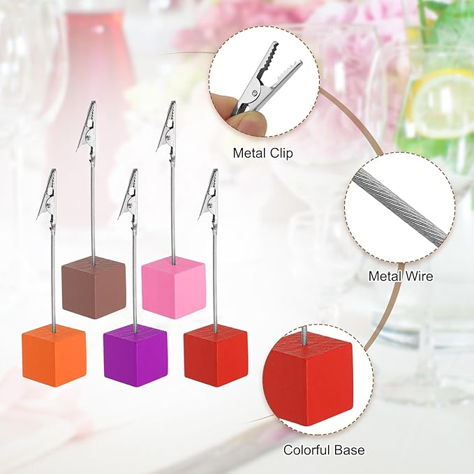 PATIKIL Place Card Holder, 20Pcs Memo Clip Holder Stand with Alligator Clasp Table Number Holders Wooden Base for Pictures Note Card Paper, Dark Pink