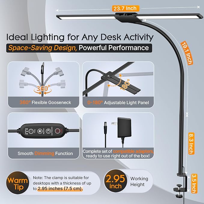 Syrinx LED Desk Lamp for Home Office – Eye-Caring Dual Head Desk Light with Flexible Gooseneck, Clamp, Gesture/Wired Control, 50 Lighting Modes with Memory/Timer for Study, Crafting
