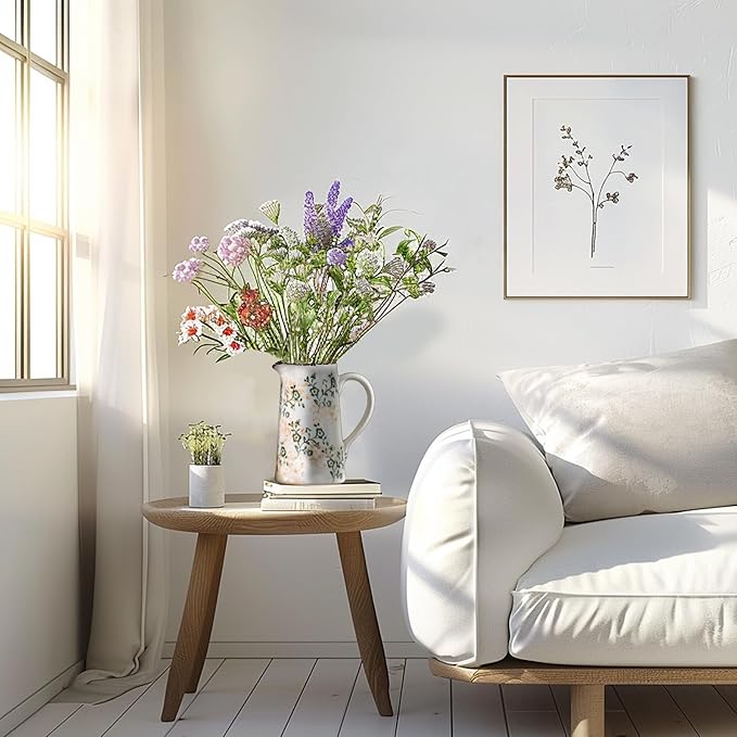 Ceramic Vintage Flower Vase with Handle, Chinoiserie Floral Pitcher Vase for Home Decor, Decorative Vases for Centerpiece Table Decorations, Green and White Vases for Living Room Kitchen Shelf Decor