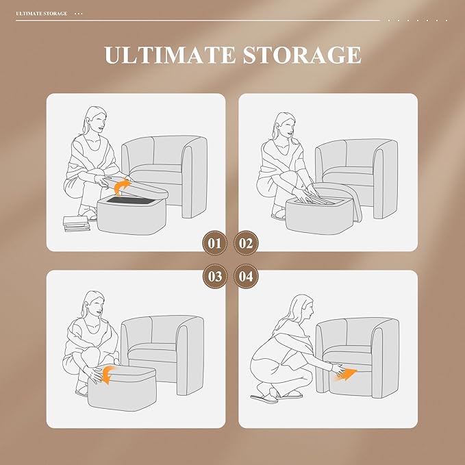 Mid-Century Velvet Living Room Chair Set of 2 with Storage Ottoman, Space-Saving Accent Chairs for Bedroom/Reading Spaces/Office, Khaki