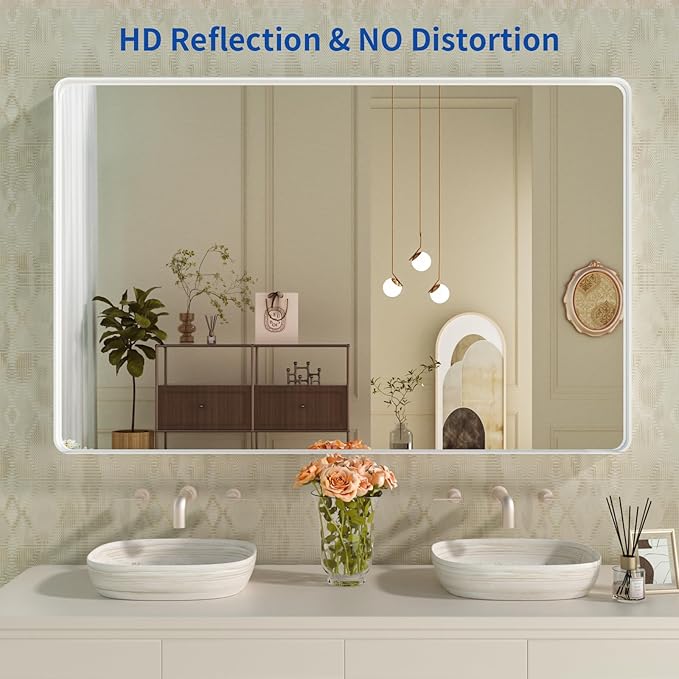 WEER White Bathroom Mirror 55X36 Inch, Rounded Rectangle White Metal Frame Mirror, Matte White Bathroom Vanity Mirror with Tempered Glass, Anti-Rust, Hangs Horizontally or Vertically