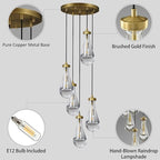 Raindrop 5 Light Cluster Pendant Light, Brass High Ceiling Chandeliers Adjustable, Living Room Pendant Light, Foyer Chandeliers, Stairwell Pendant Lights,E12 Including Bulb