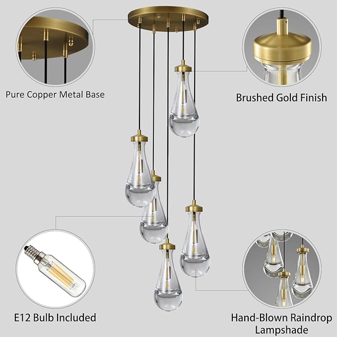 Raindrop 5 Light Cluster Pendant Light, Brass High Ceiling Chandeliers Adjustable, Living Room Pendant Light, Foyer Chandeliers, Stairwell Pendant Lights,E12 Including Bulb