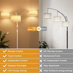 36W LED Arc Floor Lamp with 3 White Fabric Shades, 3000LM Super Bright Standing Lamp with Remote Control & Touch, Stepless Dimming, Individual Light Control for Living Room, Bedroom