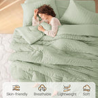 MUXHOMO 7 Pieces California King Comforter Set, Seersucker Bed in a Bag Cal King Size, All Season Luxury Bedding Set with Comforter, Flat Sheet, Fitted Sheet, Pillowcases & Shams, Light Green