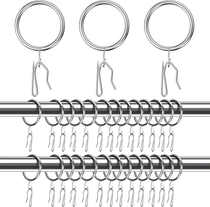Hotop 30 Pcs Metal Drapery Curtain Rings 0.98/1.26/1.65 inch Interior Diameter and 30 Pcs Hanging Curtain Drapery Pin Hooks for Window Door Shower(25 mm,Silver)