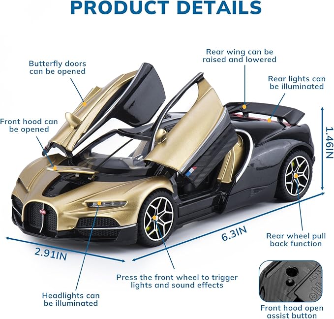 Car Toys for Boys 1 32 Diecast Cars Collectibles Car Model Kit,Metal Toy Car for Boys and Girls,Pull Back Cars with Lights and Sounds,Cars for Kids Ages 3-5（Gold）