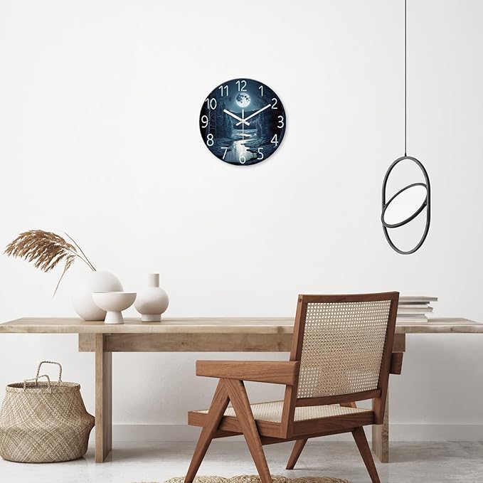 XFM Moon Forest Wall Clock Battery Operated 12 Inch Silent Non-Ticking Wall Clocks Modern Decorative Round Clock for Kitchen Bedroom Living Room Office