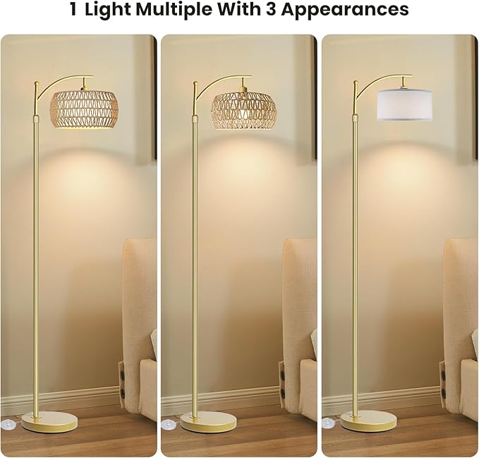 Arc Floor Lamp for Living Room,Farmhouse Floor Lamps with Remote Control & Dimmable Bulb,Gold Boho Rattan Tall Standing Lamp for Bedroom Office
