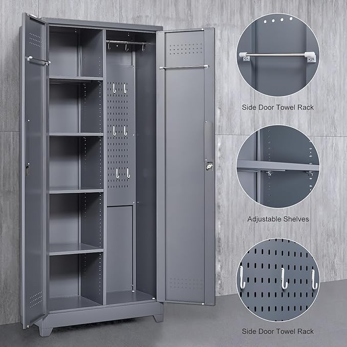 Lockable Storage Cabinet,Utility Closet with Doors and Shelves,SteelGarage Cabinet with Adjustable Shelves for Home,Garage,Gray