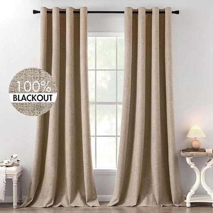 MIULEE 100% Blackout Linen Textured Curtains for Bedroom Solid Thermal Insulated Copper Brown Grommet Room Darkening Curtains & Drapes Luxury Decor for Living Room Nursery 52 x 120 Inch (2 Panels)