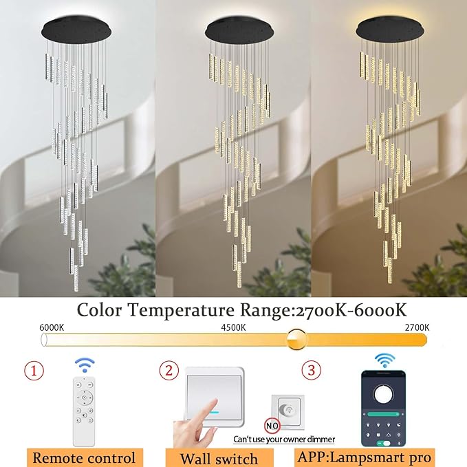 Modern Large Crystal Chandelier for High Ceiling LED Dimmable Chandelier Lighting for Foyer Hallway Staircase 36-Light Black