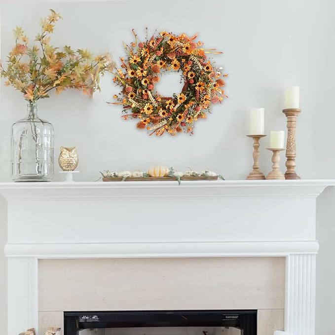 Bibelot Fall Front Door Wreath, 22" Artificial Floral with Colorful Daisies and Autumn Foliage - Orange for Wall, Window and Thanksgiving Decor