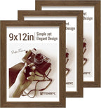 9x12 Frame 3 Pack - Brown Woodgrain, 9 x 12 Picture Frame for Photos, HD Tempered Glass, Tabletop or Wall Display