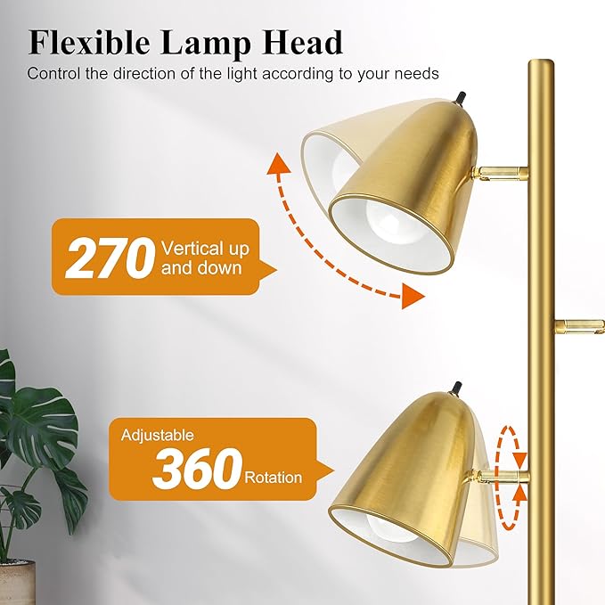 QiMH Tree Floor Lamp with 3 Light Bulbs, Standing Tall Pole Lamps for Living Room Bedroom Office, Reading Stand up Lamps with 3 Adjustable Arms, Brushed Gold