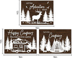 HOMEOART Camper Decor RV Wall Art Happy Campers Adventure Camping Wall Decor Sign, Deer in Forest Farmhouse Cabin Decoration,Framed 12x16inchx3Piece, Rustic Brown