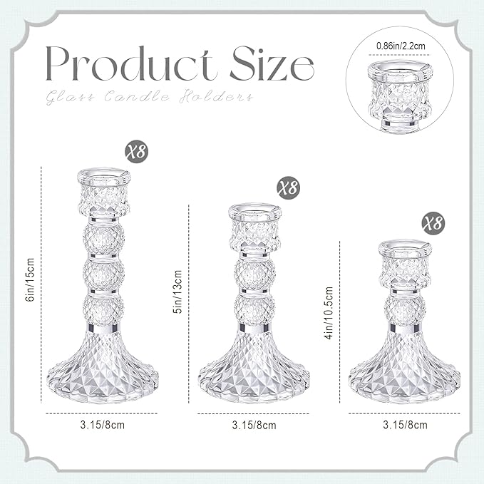 Mumufy 24 Pack Glass Taper Candle Holders Clear Candlestick Holder Fit 0.8 Inch Candles 4'' 6'' 8'' Tall Crystal Decorative Candlestick Stand Centerpiece for Table Wedding Dining Party (Vintage)